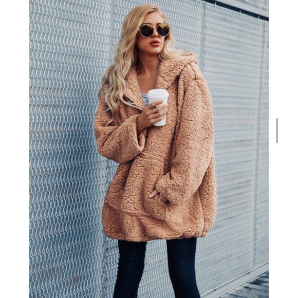 Half Zip Teddy Fluffy Kangaroo Pocket Hoodie - Picture 2 of 6